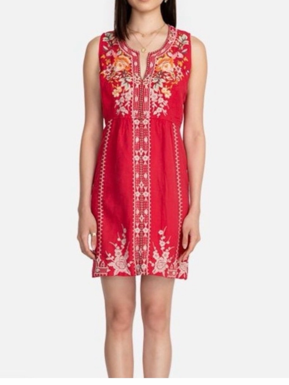 Johnny Was Sleeveless Red Embroidered Shift Dress